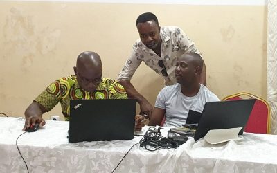 Johnson Iyomi & Dieu Merci Mpongo, BonDiv researchers at the Lomami site (in collaboration with FZS) during the BonDiv final workshop. With Paul Ngoran on the left